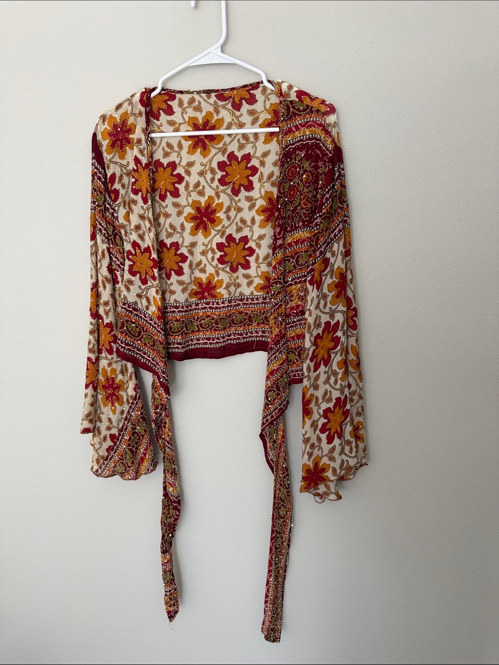 Boho Silk Blend Bell-Sleeve Tie-Front Crop Wrap Top